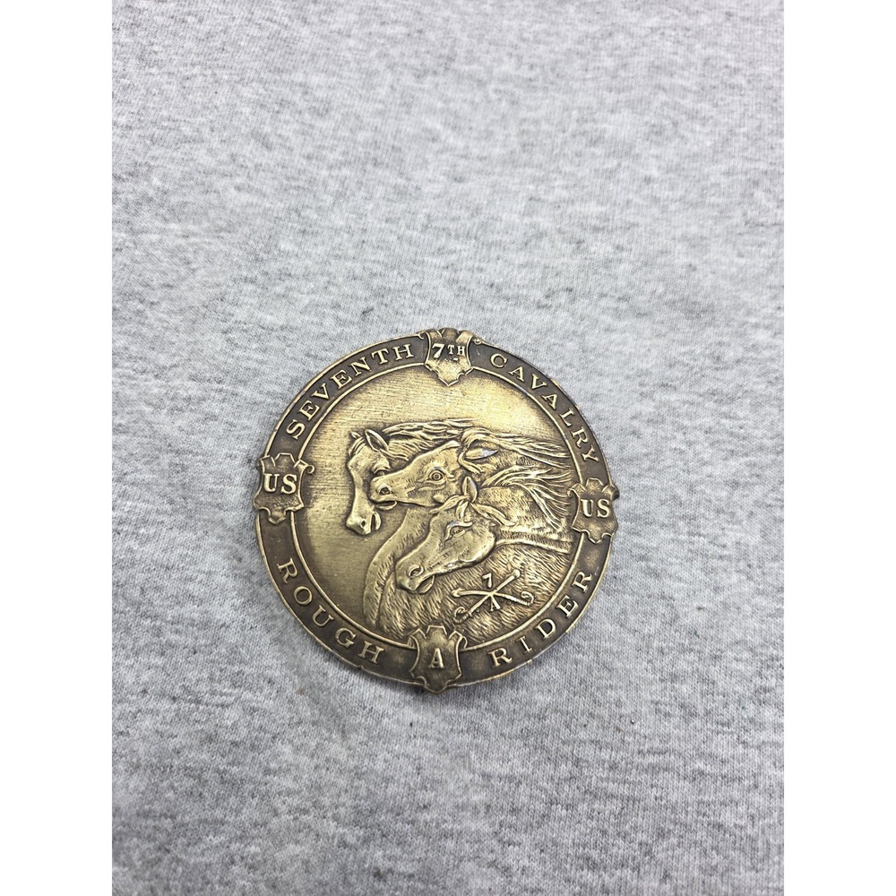 Vintage Solid Brass 7th Cavalry Rough Riders USA Military Belt Buckle Army